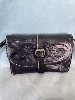 Patricia Nash black  Floral Tooled Leather Crossbody Bag with Buckle Strap